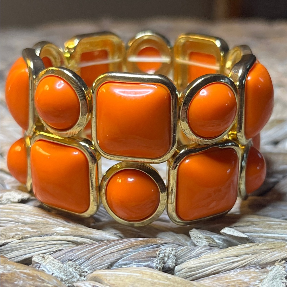 Orange and Gold Tone Geometric Stretch Bracelet - Picture 2 of 5